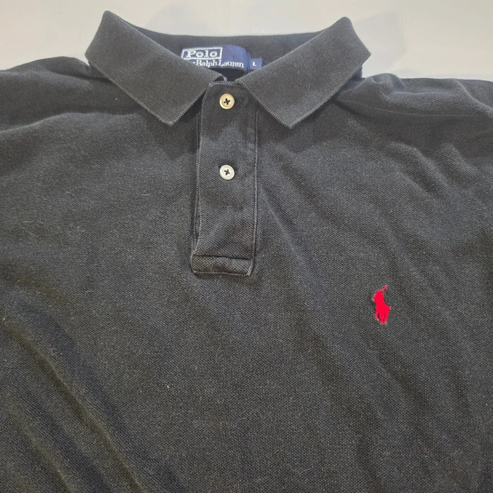 Polo Ralph Lauren Mens Black Long Sleeve Pique Polo Shirt Red Pony Logo Size L